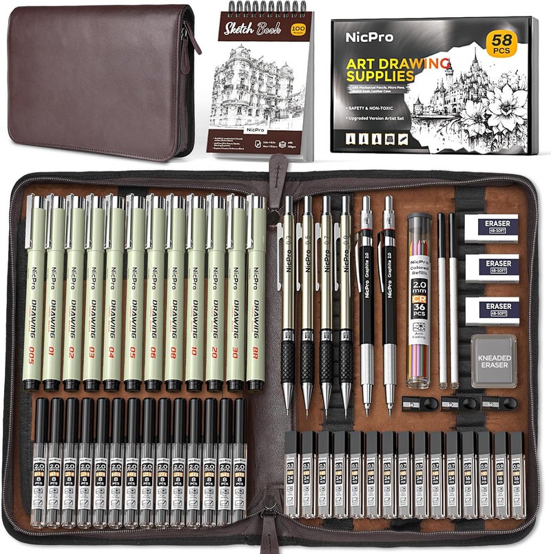 Nicpro 58 PCS Art Drawing Supplies Kit in Leather Case, Art Mechanical Pencil Set with Metal Drafting Pencil 0.3 & 0.5 & 0.7 & 0.9 & 2mm, 12 Micron Pen, Sketch Book, 30 Tube Lead Refills for Sketching - Image 1
